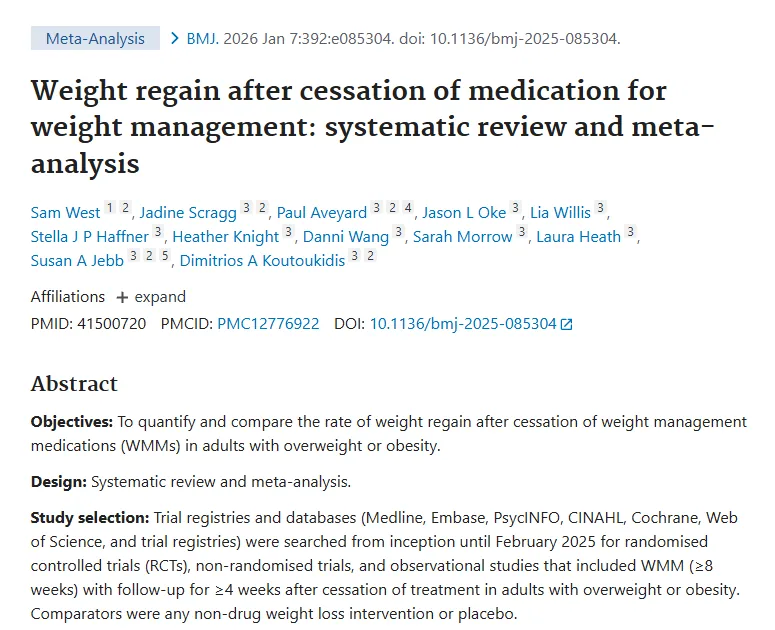 BMJ 2026 게재 논문 — Weight regain after cessation of medication for weight management: systematic review and meta-analysis